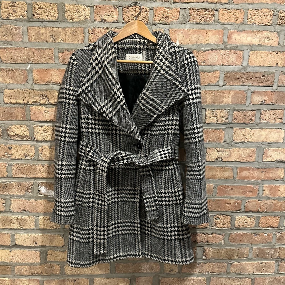 Calvin Klein Belted Plaid Houndstooth Wrap Coat Size S